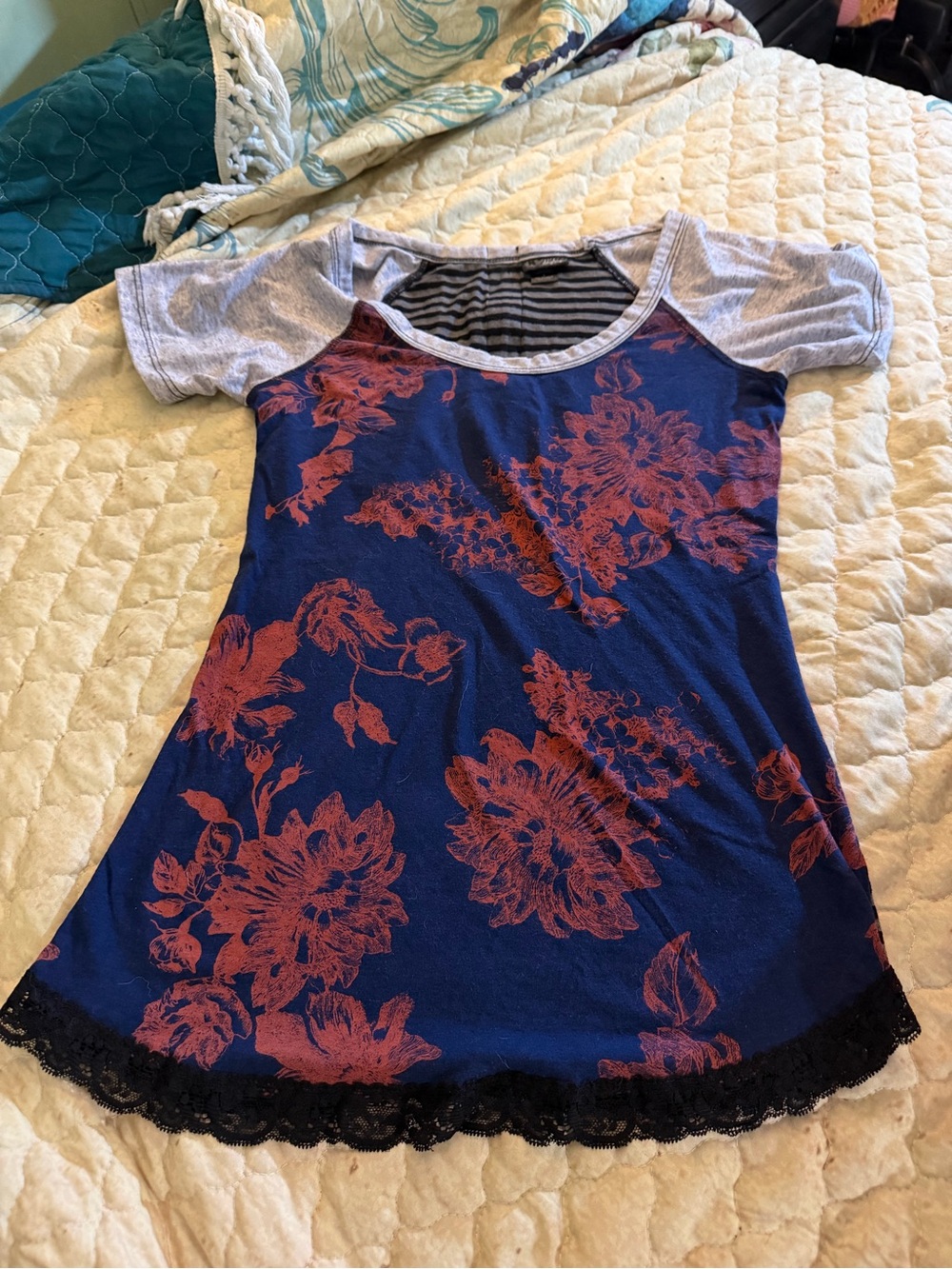 Daytrip Blue Floral Raglan Top with Gray Sleeves